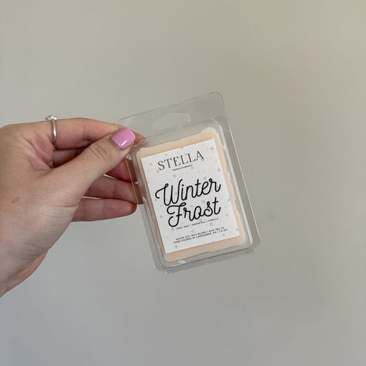 A hand with pink nail polish holds a packaged wax melt labeled 'STELLA Winter Frost' against a plain light gray background.