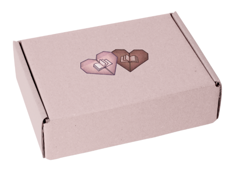 Pink cardboard box with heart designs on a white background
